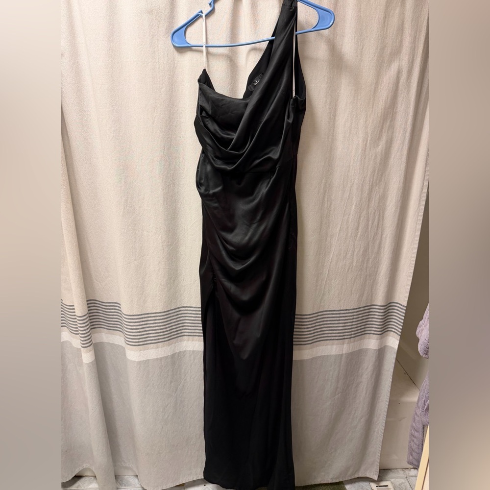 Lulu's Dreaming of Elegance Black Satin One shoulder dress